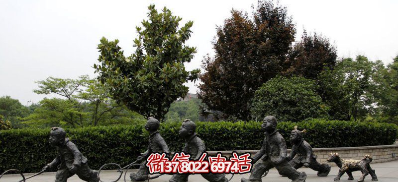 推鐵環，兒童奔跑，公園雕塑銅雕