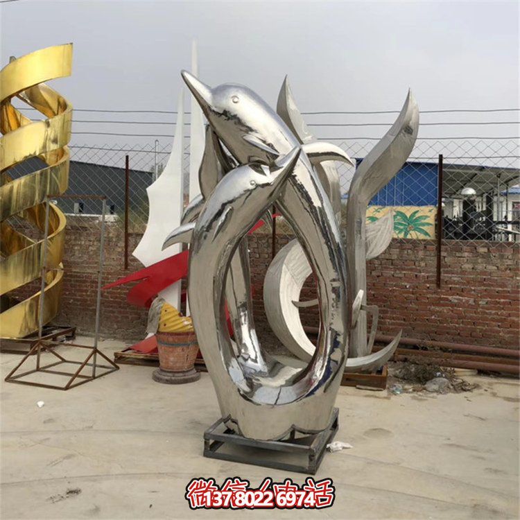 精美不銹鋼海豚雕塑，為您的戶外廣場增添水景鏡面美感