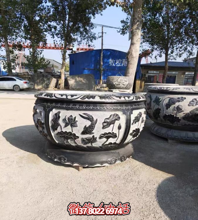 古典仿古石雕魚缸，添點家園庭院荷花水景