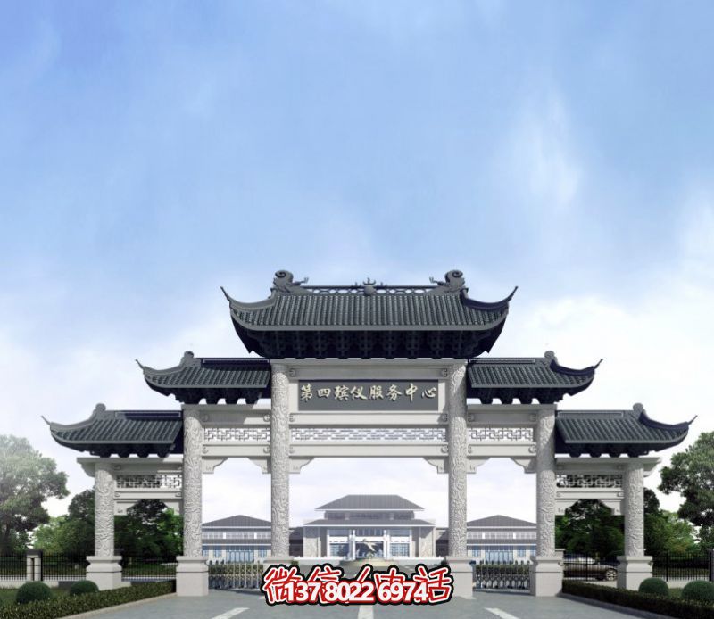 一座新式殯儀館五門景觀、青瓦斗拱、牌樓等高雅裝飾